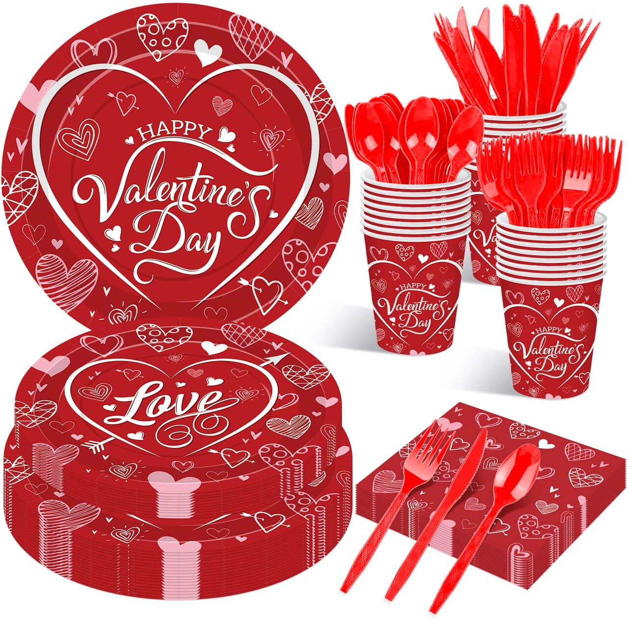 175 Pcs Valentine's Day Tableware Set - Serves 25, Heart and Love-Themed Disposable Plates, Cups, Napkins, Forks, Spoons, Knives for Valentine, Wedding Party Supplies, Romantic Holiday Gatherings